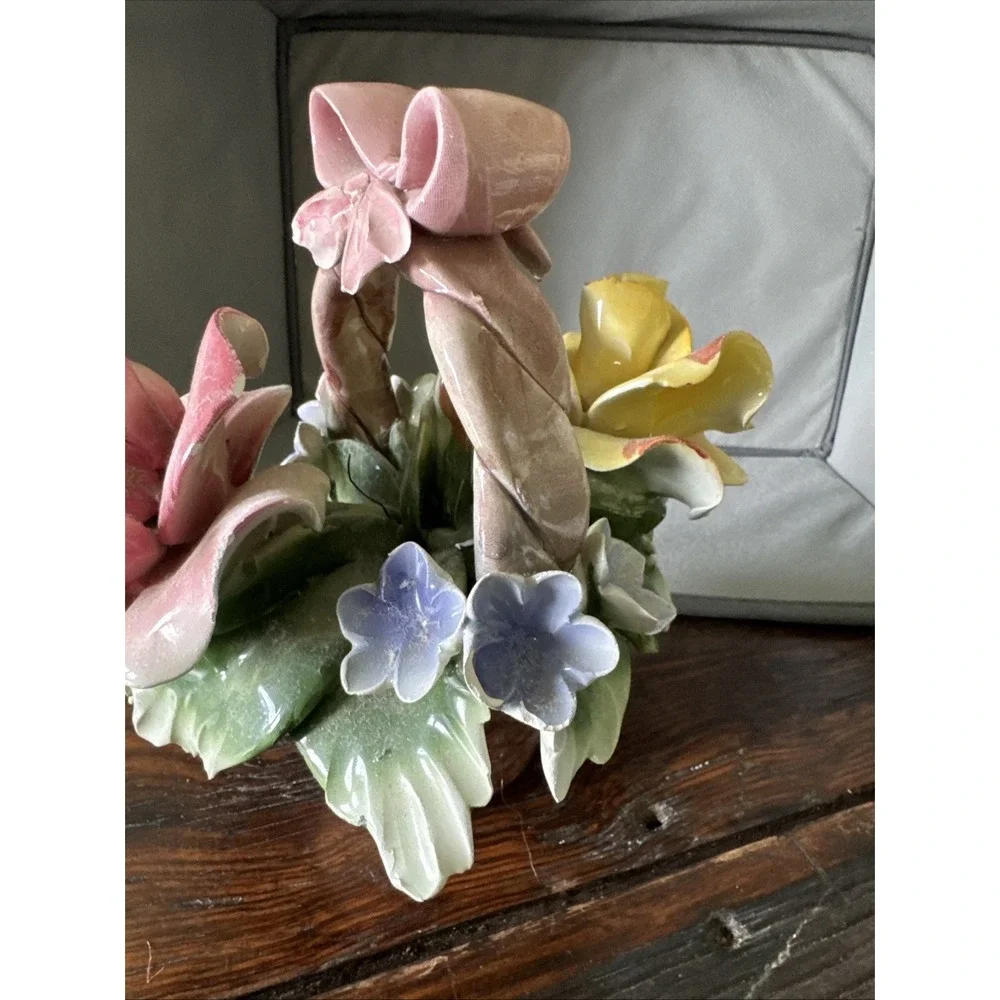 Vintage 1980s Capodimonte Italian‎ Porcelain Flower Basket Pink Yellow